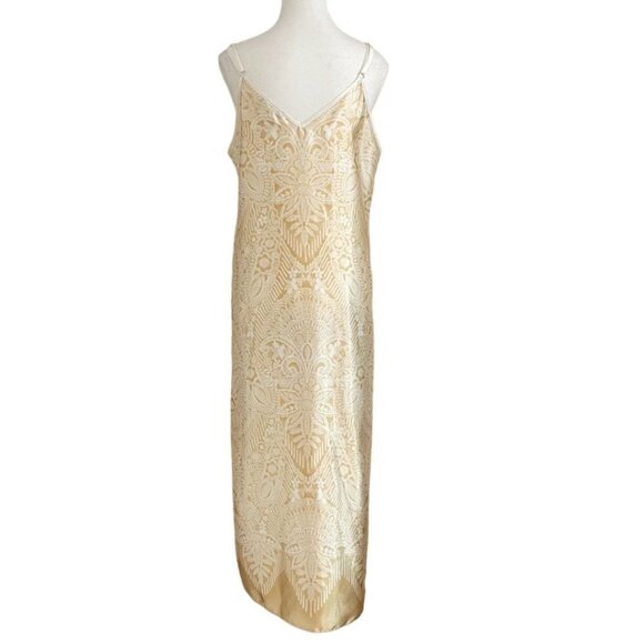 OSCAR DE LA RENTA CREAM GOLD PRINT SPAGHETTI SLEEVES SATIN MAXI SLIP SLEEPWEAR - Picture 3 of 8